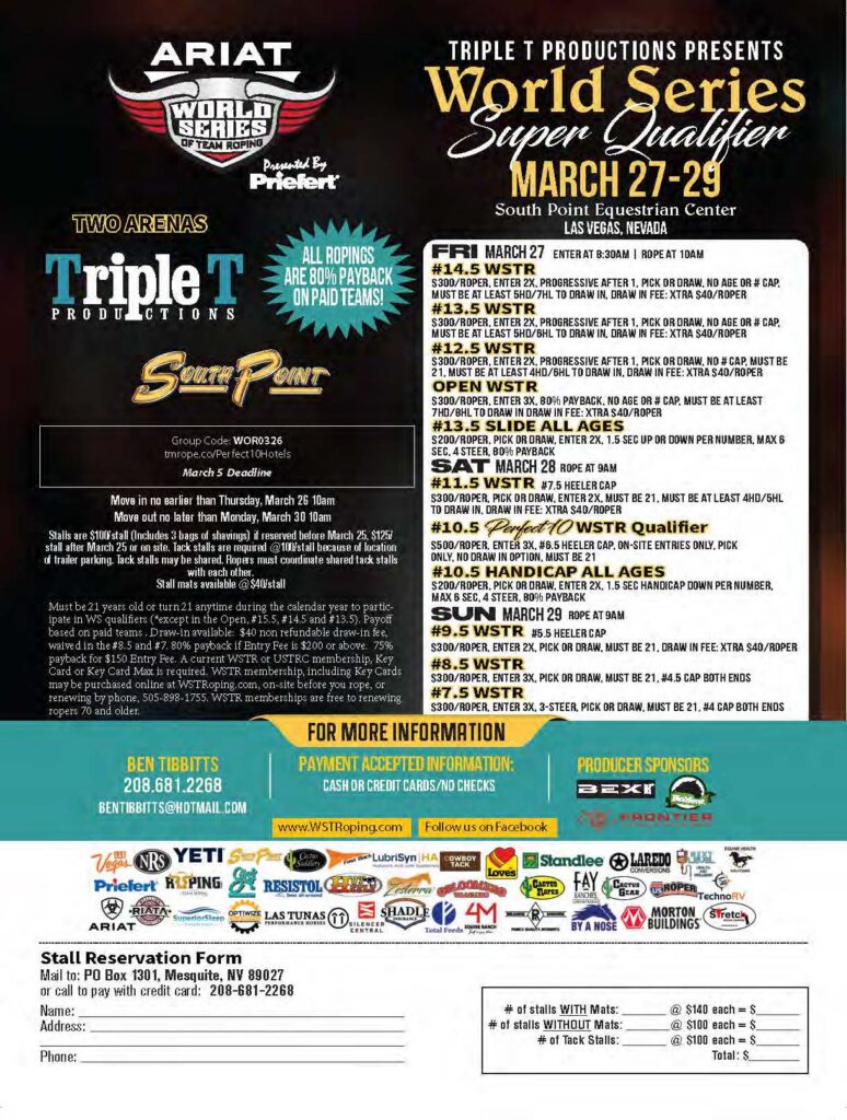 ARIAT World Series Super Qualifier flyer for team roping event March 27-29 at South Point Equestrian Center in Las Vegas, Nevada, presented by Triple T Productions