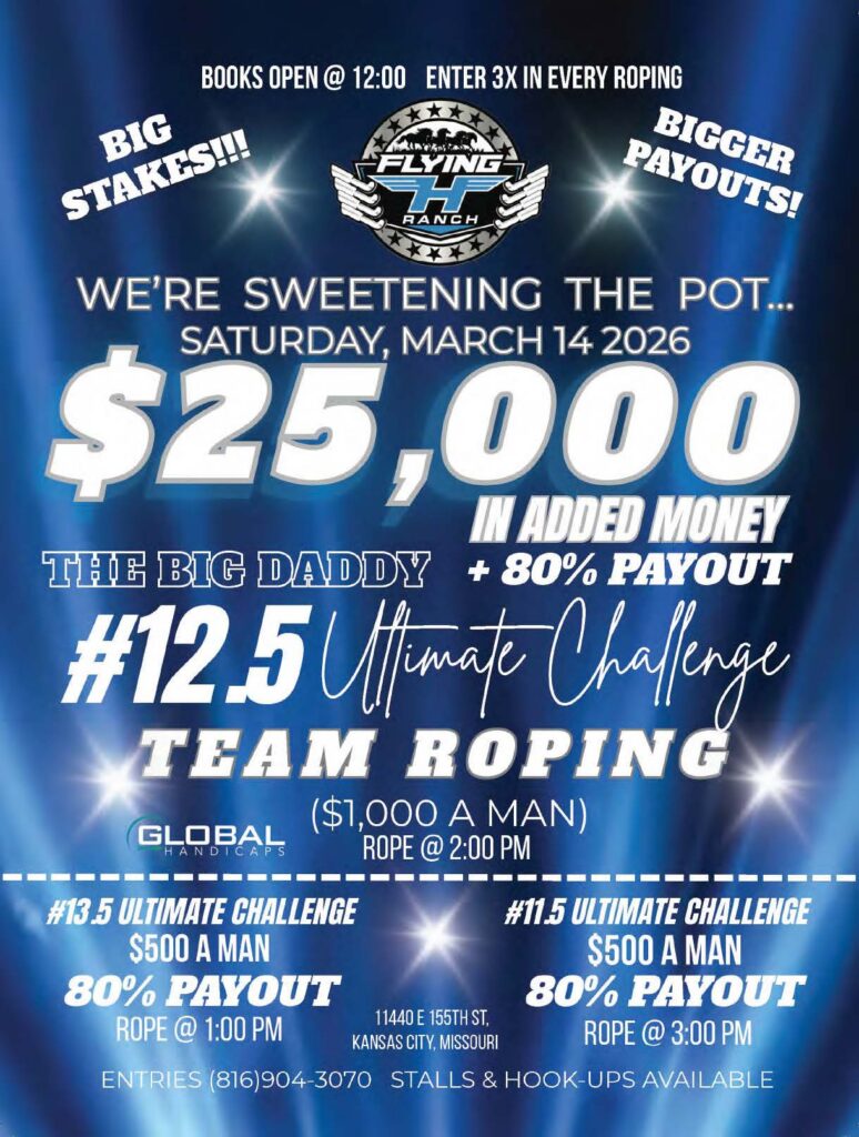 Flying JT Ranch promotional flyer advertising a team roping event on March 14, 2026, with $25,000 in added money and 80% payout