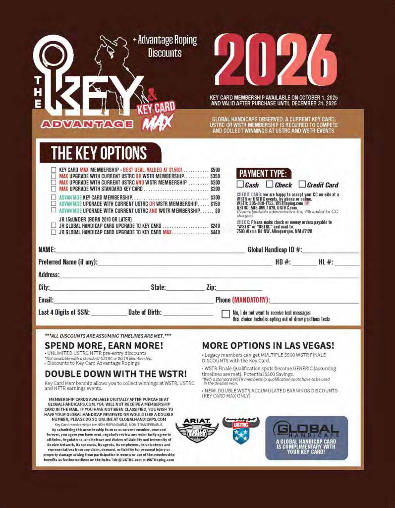 Key Card Advantage Roping 2026 membership application form with pricing options, payment details, and personal information fields for rodeo participants