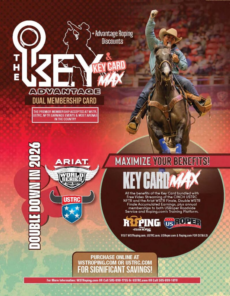 Saddle bronc rider on horse with fist raised, promoting The Key Advantage dual membership card for WSTR and USTRC rodeo organizations