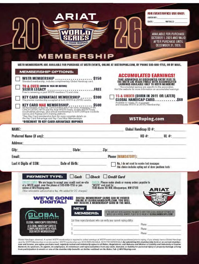 Ariat World Series of Team Roping 2026 membership form with pricing options ranging from $150 to $500, available for purchase through October 2025