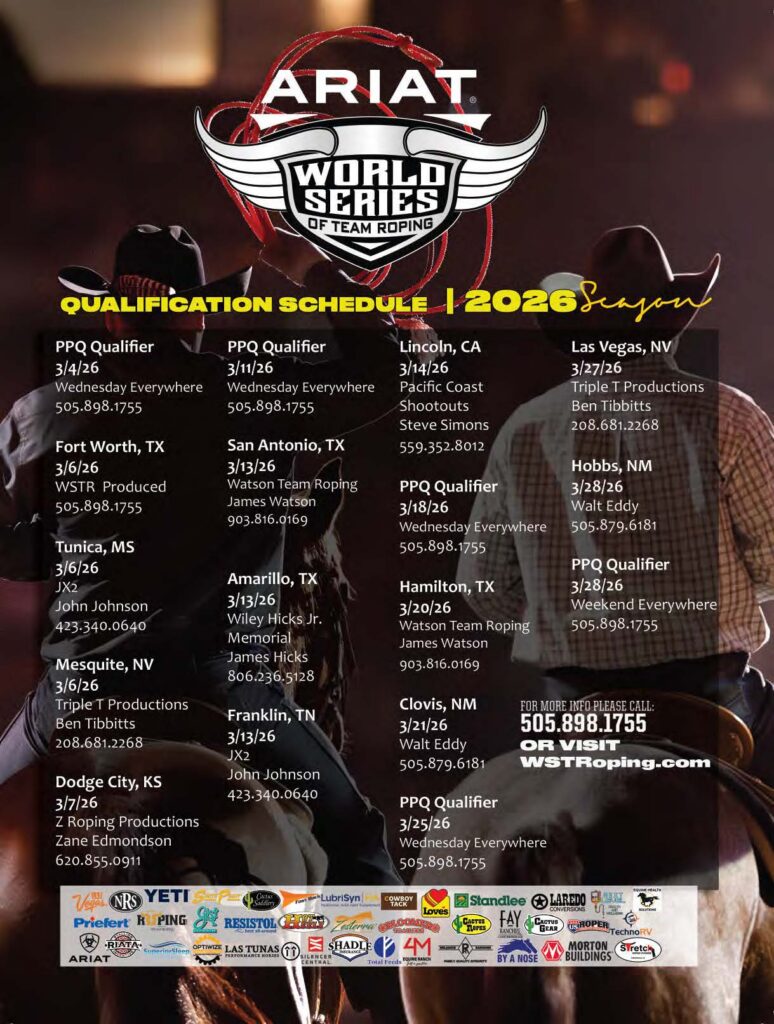 ARIAT World Series of Team Roping 2026 qualification schedule listing events across multiple states with dates, locations, and contact information