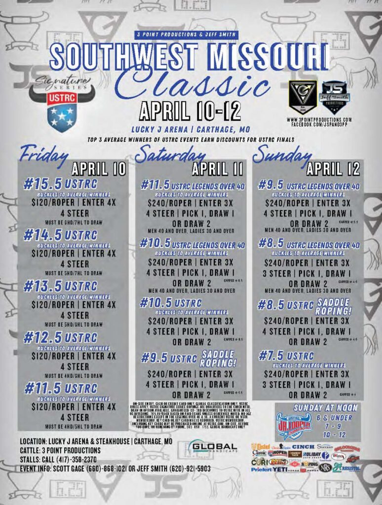 Southwest Missouri Classic rodeo event flyer showing USTRC competition schedule for April 10-12 at Lucky J Arena in Carthage, Missouri, with entry fees, steer counts, and event details for team roping and saddle roping