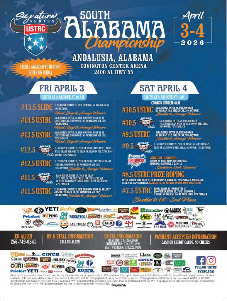 South Alabama Championship rodeo flyer for April 3-4, 2026 in Andalusia, featuring team roping, breakaway roping, and barrel racing events with entry details and sponsor logos