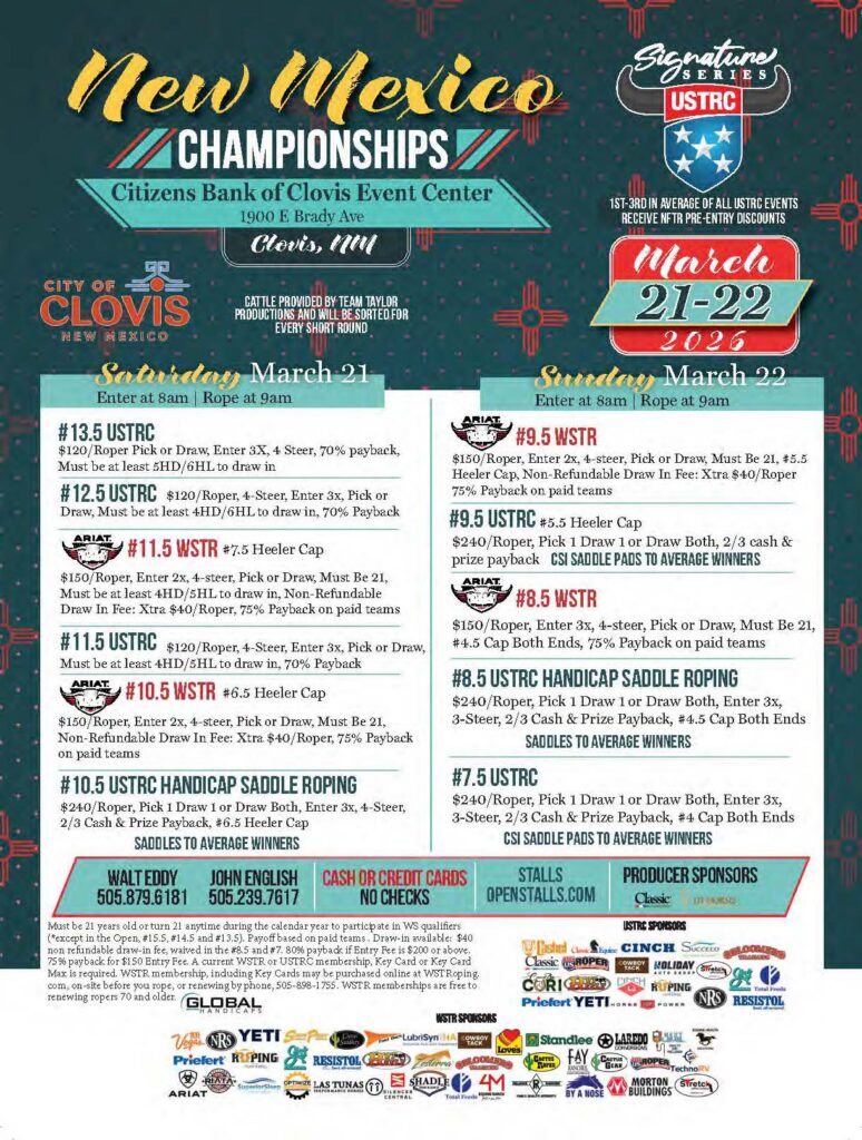 New Mexico USTRC Signature Series Championships flyer for March 21-22, 2026 at Citizens Bank of Clovis Event Center, featuring team roping and saddle roping events with entry fees and rules