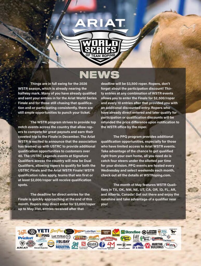 Ariat World Series of Team Roping news announcement with logo, featuring a roper on horseback and details about 2026 season qualifications and entry deadlines