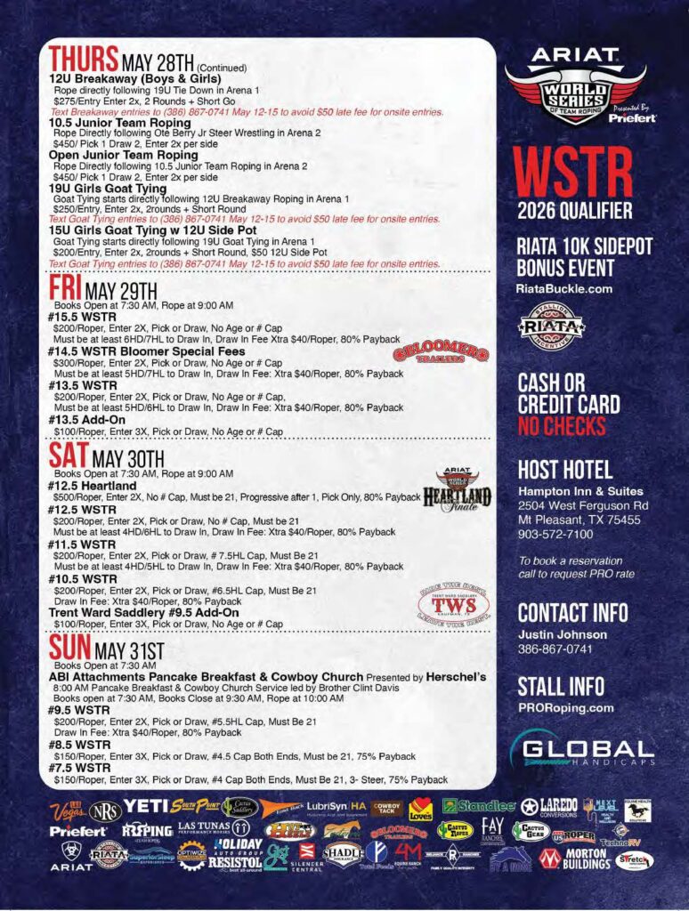 WSTR 2026 Qualifier Riata 10K Sidepot Bonus Event schedule flyer for May 28-31 team roping, breakaway roping, goat tying, and WSTR competitions at Heartland Roping in Pleasant, Texas