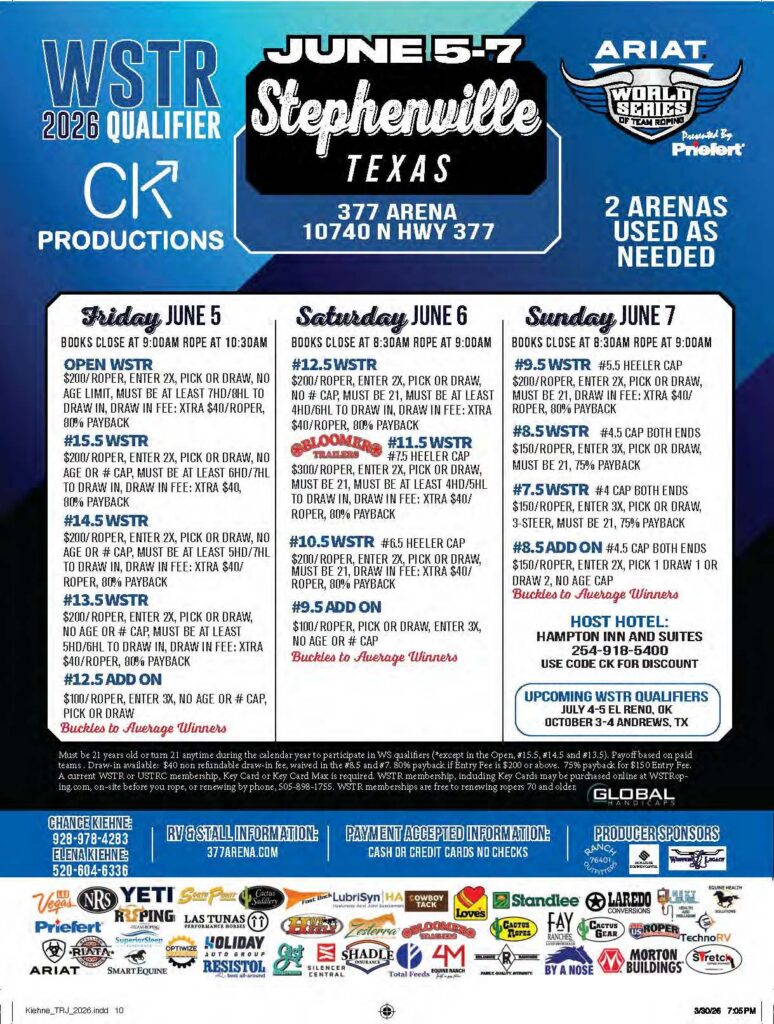 WSTR 2026 Qualifier flyer for ARIAT World Series of Team Roping June 5-7 in Stephenville, Texas, featuring event details, entry fees, and contact information
