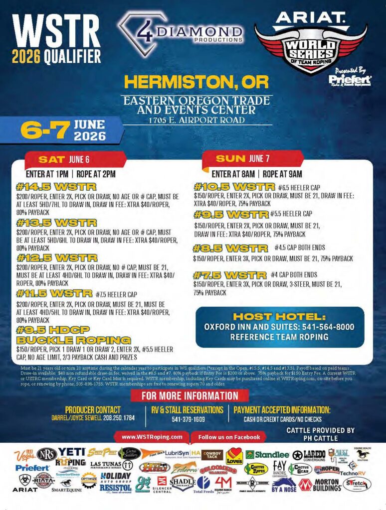 WSTR 2026 Qualifier flyer for team roping event June 6-7 in Hermiston, Oregon, hosted by Diamond Productions and ARIAT World Series of Team Roping