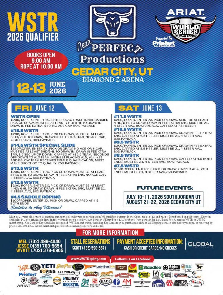 WSTR 2026 Qualifier flyer for Cedar City, Utah team roping event June 12-13 at Diamond Z Arena, featuring entry fees, event details, and sponsorship logos