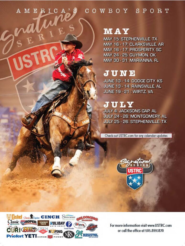Barrel racer on brown horse kicking up dust while competing in USTRC Signature Series rodeo tour, with May-July event schedule listed