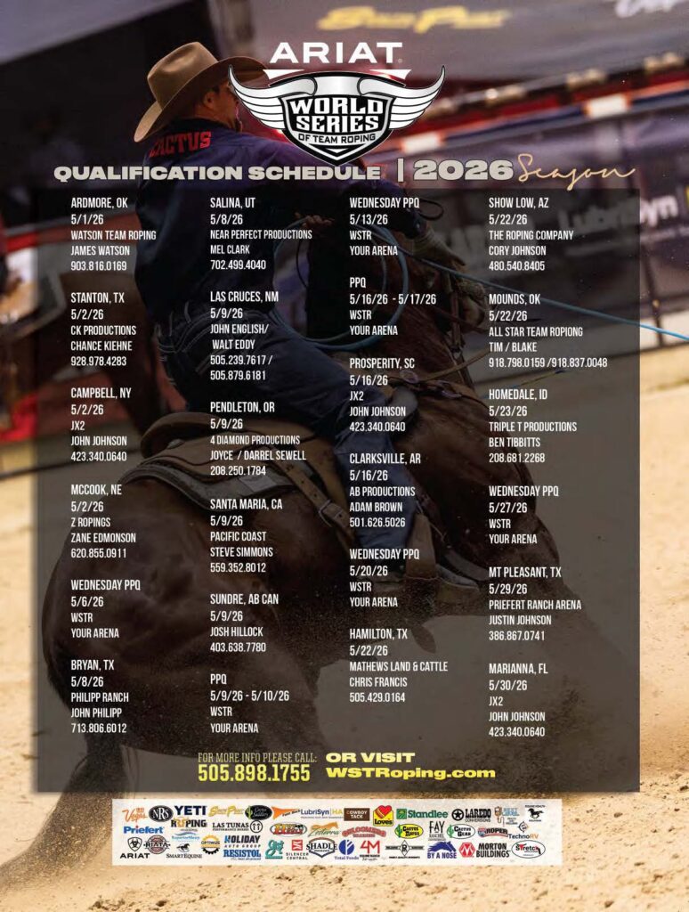 Ariat World Series of Team Roping 2026 qualification schedule flyer displayed on sandy ground, listing event locations, dates, and contact information for multiple roping venues across the United States
