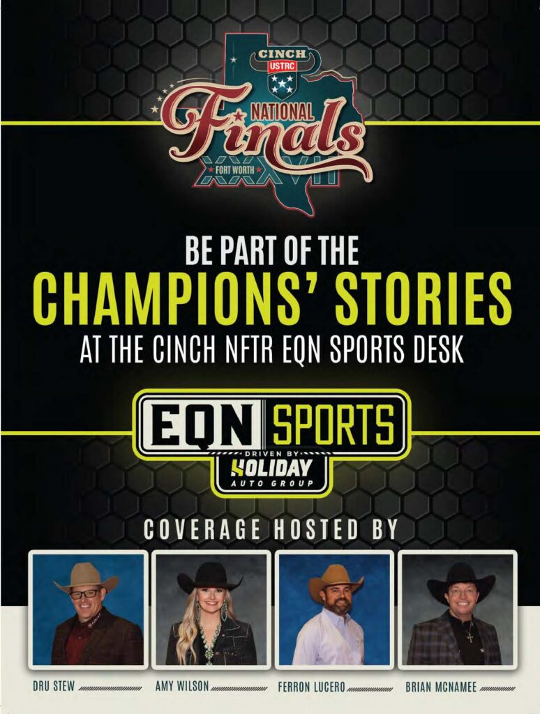 Cinch USTRC National Finals Fort Worth promotional poster featuring four hosts in cowboy hats at the EQN Sports desk, inviting viewers to follow champions' stories