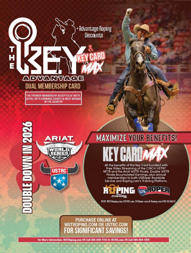 Cowboy on horseback with fist raised promotes The Key Advantage dual membership card for WSTR roping and USTRC events, valid through Double Down 2026
