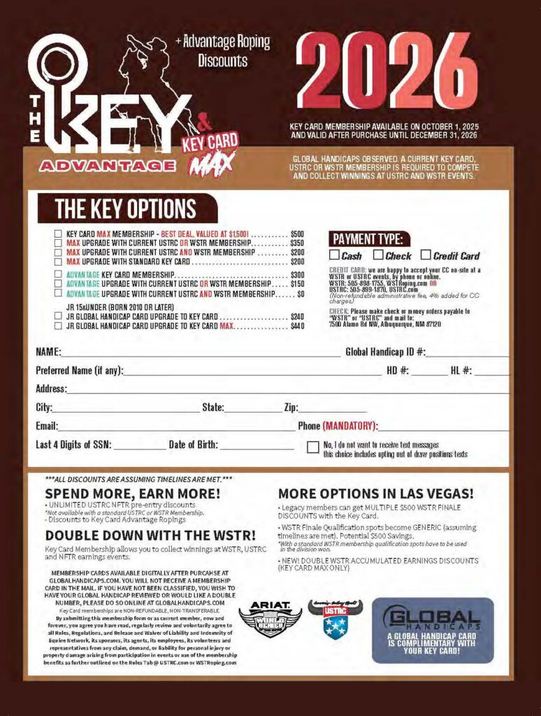 The KEY Advantage Roping 2026 membership card application form with pricing options, payment methods, and member information fields