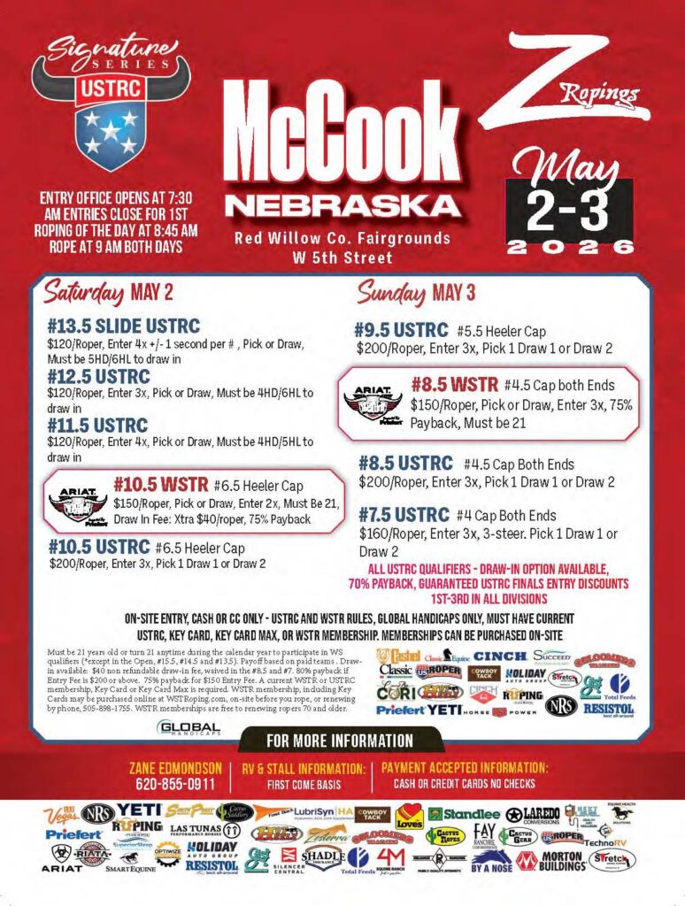 McCook Nebraska Z Ropings event flyer for May 2-3, 2026, listing USTRC and WSTR jackpot roping competitions at Red Willow Co. Fairgrounds