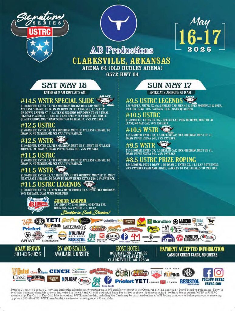 USTRC Signature Series rodeo poster for Clarksville, Arkansas on May 16-17, 2026, featuring event details, entry fees, and sponsor logos