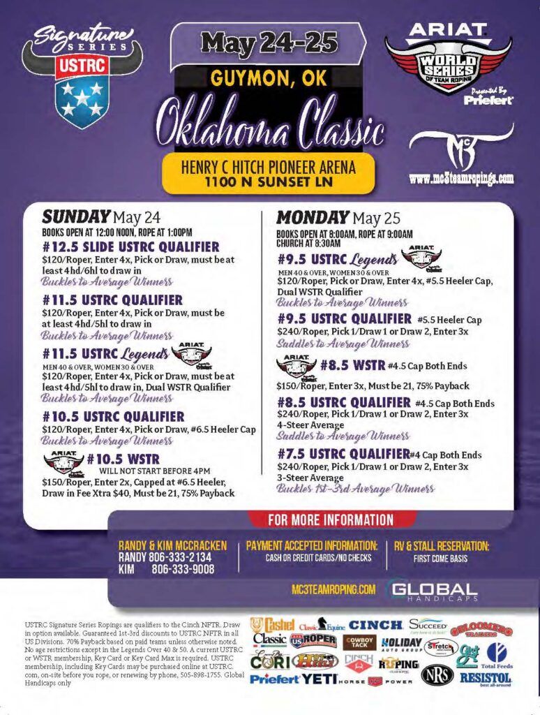 Oklahoma Classic rodeo event flyer for May 24-25 in Guymon featuring USTRC qualifier and legends competitions with entry fees and event details listed