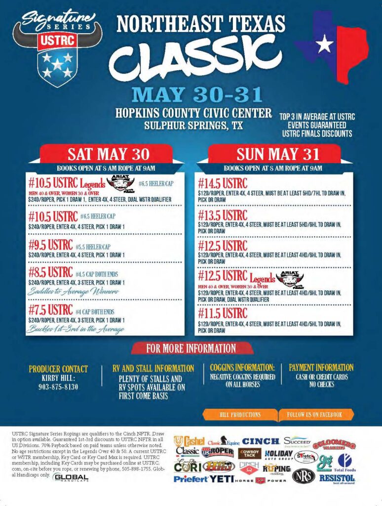 Northeast Texas Classic USTRC rodeo event poster for May 30-31 at Hopkins County Civic Center in Sulphur Springs, featuring multiple roping and steer competition classes with entry fees and draw information