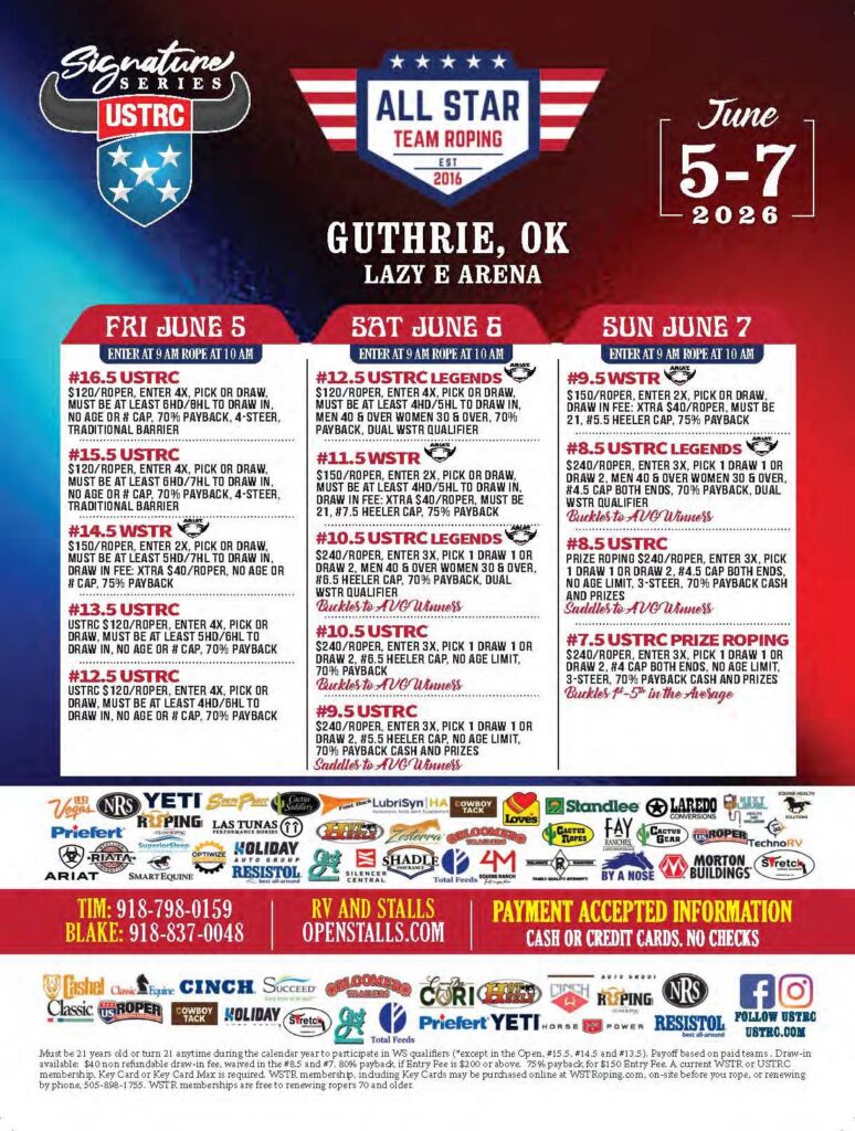 All Star Team Roping event flyer for June 5-7, 2026 in Guthrie, Oklahoma, listing nine USTRC and WSTR sanctioned ropings with entry fees, draw details, and payouts