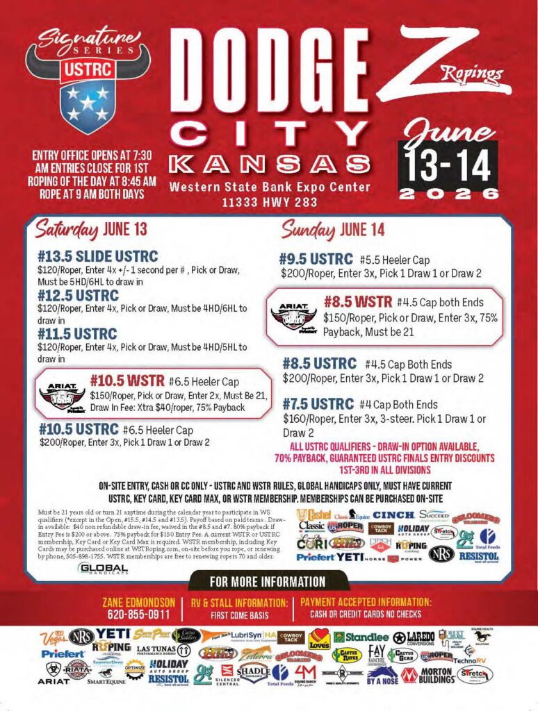 Dodge City Kansas Signature Series USTRC Ropings event flyer for June 13-14, 2026, listing multiple team roping and steer roping competitions with entry fees and rules at Western State Bank Expo Center