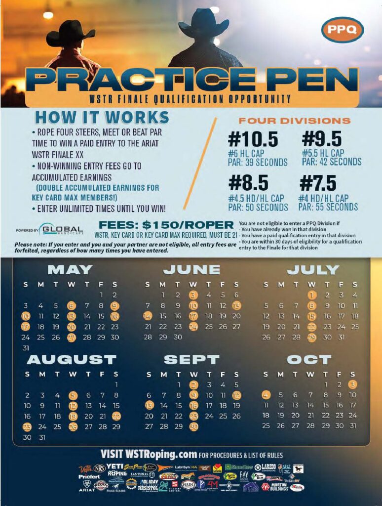 PPQ Practice Pen WSTR Finale Qualification Opportunity promotional flyer with two silhouetted ropers at sunset, event details, four division brackets with handicap times, entry fees, and calendar of event dates from May through October