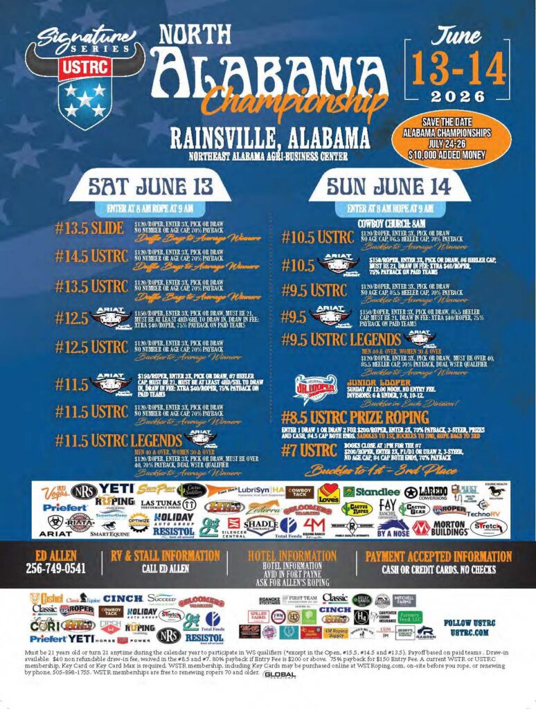 North Alabama Championship rodeo event schedule for June 13-14, 2026 in Rainsville, Alabama, featuring USTRC team roping, barrel racing, breakaway roping, and other events with entry details and sponsor logos