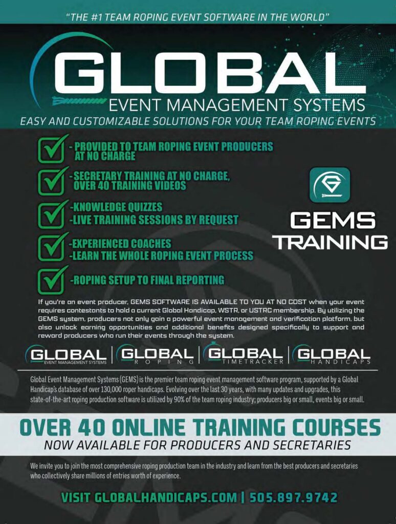 Global Event Management Systems promotional graphic advertising team roping software, training courses, and services for event producers and secretaries