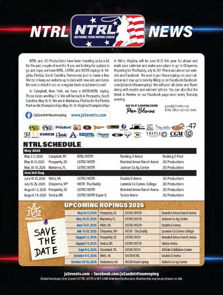 NTRL News flyer announcing 2026 rodeo schedule and upcoming team roping events across multiple states with dates and venues listed