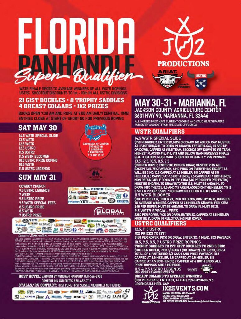 Florida Panhandle Super Qualifier event flyer advertising WSTR team roping and USTRC breakaway roping competition scheduled May 30-31 in Marianna, FL