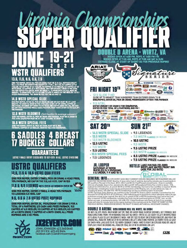 Virginia Championships Super Qualifier event poster for June 19-21 at Double D Arena in Wirtz, featuring WSTR and USTRC roping competitions with entry details and sponsor logos