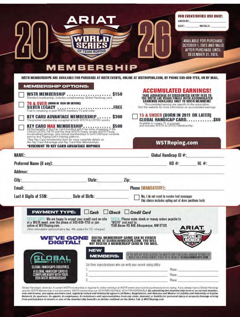 Ariat WSTR 2026 membership form with pricing options ranging from $150 to $500, featuring accumulated earnings details and registration fields