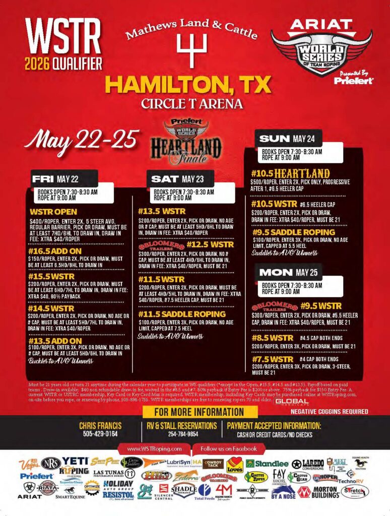 WSTR 2026 Qualifier Heartland Finale event flyer for Hamilton, TX, May 22-25, listing team roping, saddle roping, and breakaway roping competitions at Circle T Arena