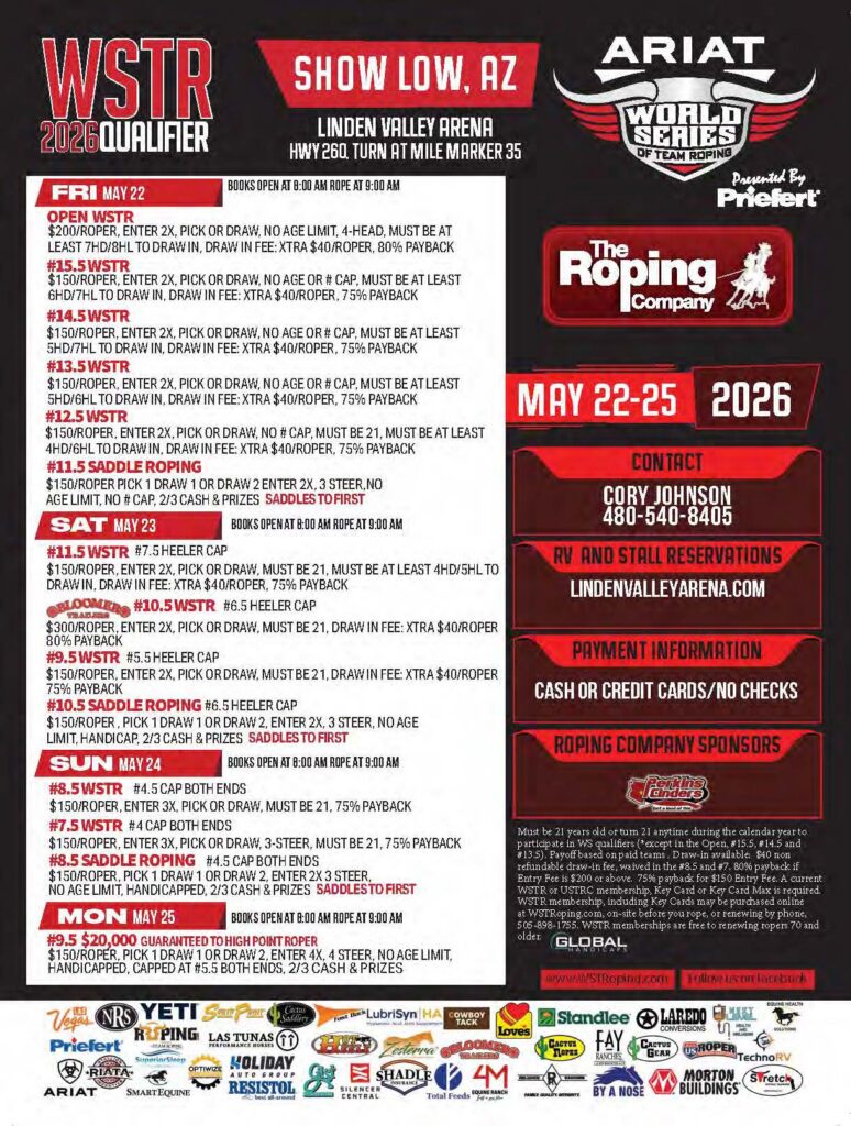 WSTR 2026 Qualifier flyer for Show Low, Arizona rodeo at Linden Valley Arena, May 22-25, featuring team roping and saddle roping events with entry details and contact information