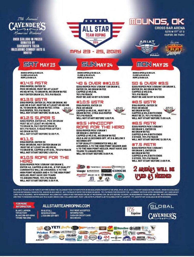 2026 All Star Team Roping event flyer for May 23-25 in Mounds, Oklahoma, listing entry fees, event details, and competition schedule across three days