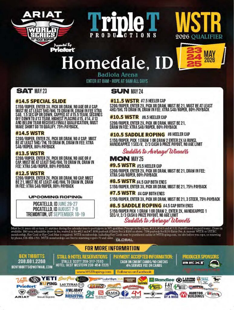 ARIAT World Series of Team Roping WSTR 2026 Qualifier flyer for Homedale, Idaho event May 23-25 at Radiola Arena listing team roping and saddle roping competitions with entry fees and payback information