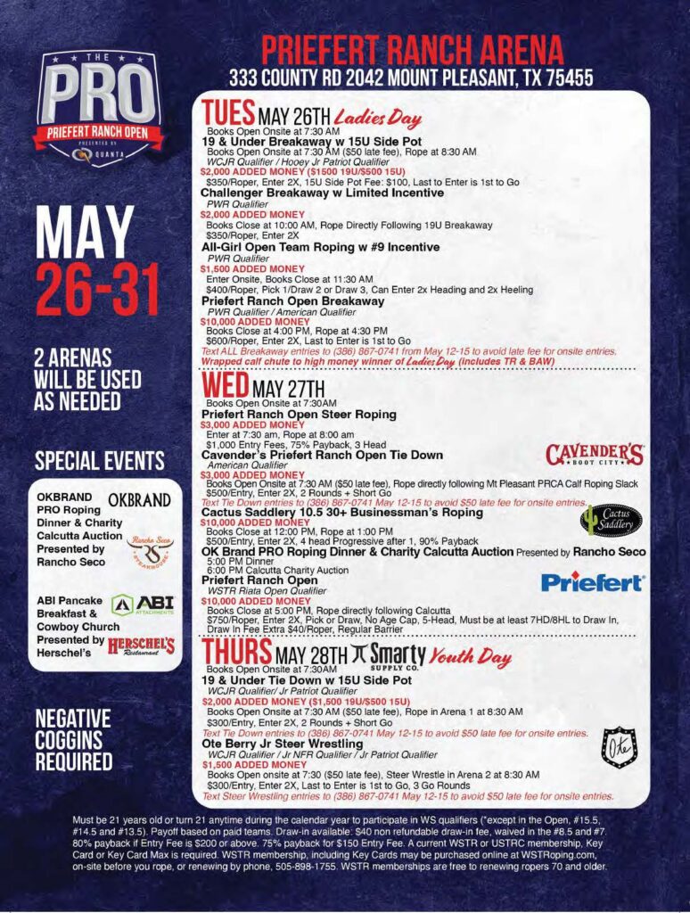 Priefert Ranch Open flyer for May 26-31 event at Priefert Ranch Arena in Mount Pleasant, Texas, listing breakaway roping, steer roping, team roping, and youth competitions with entry details and added money amounts