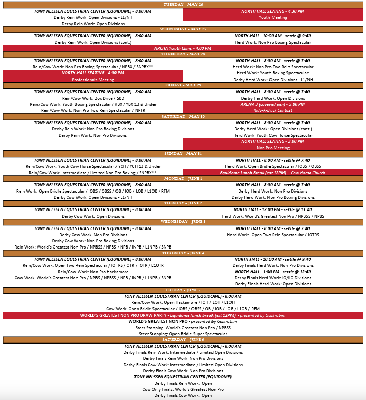 Daily event schedule chart listing reining, cow work and herd work classes by arena from May 26 through June 6