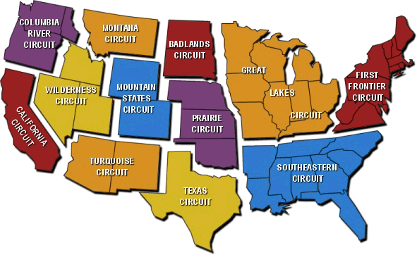 Color-coded map of the United States divided into eleven regional rodeo circuits, each labeled by name