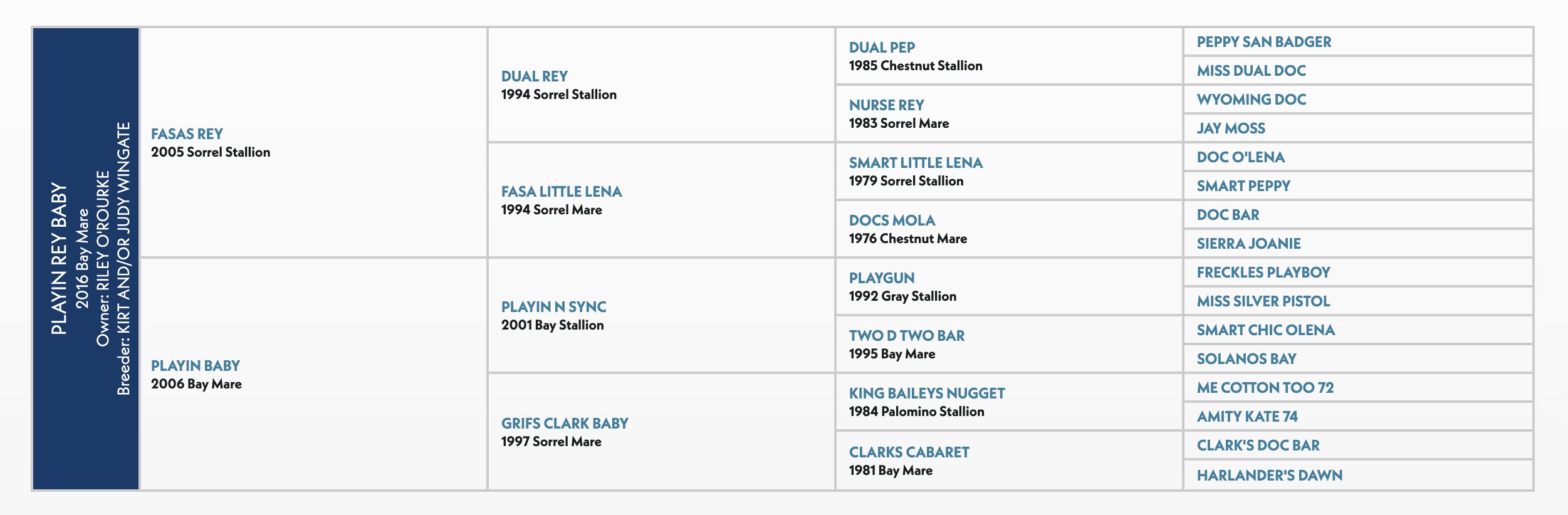 Five-generation pedigree chart for Playin Rey Baby, a 2016 bay mare by Fasas Rey out of Playin Baby