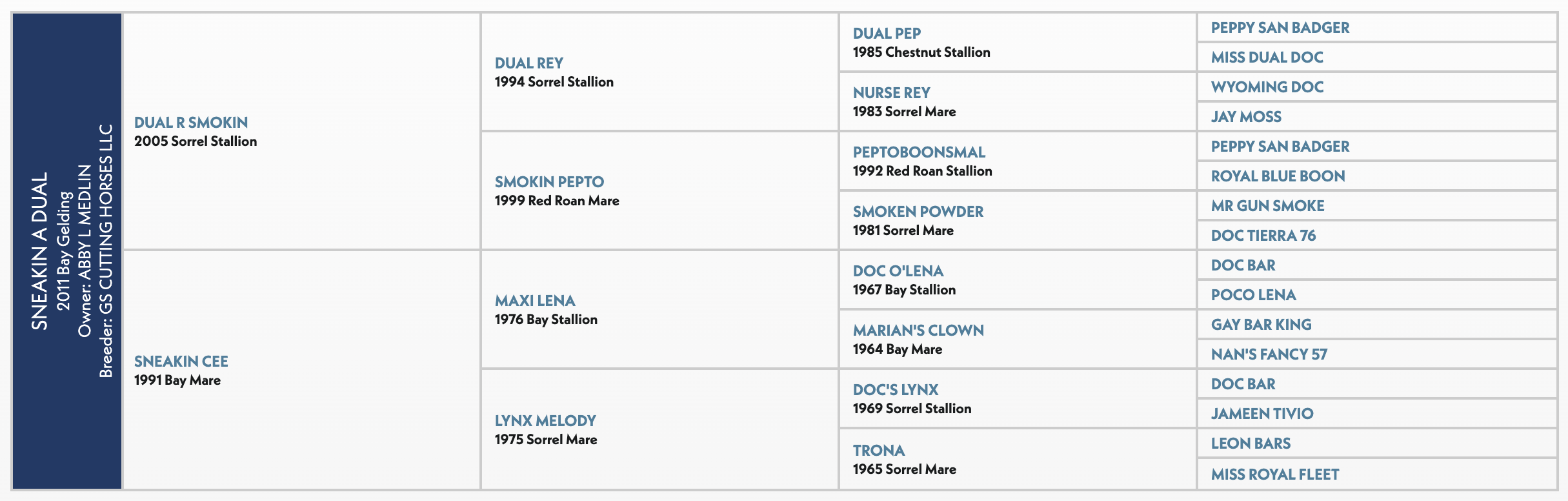 Five-generation pedigree chart for Sneakin A Dual, a 2011 bay gelding by Dual R Smokin out of Sneakin Cee