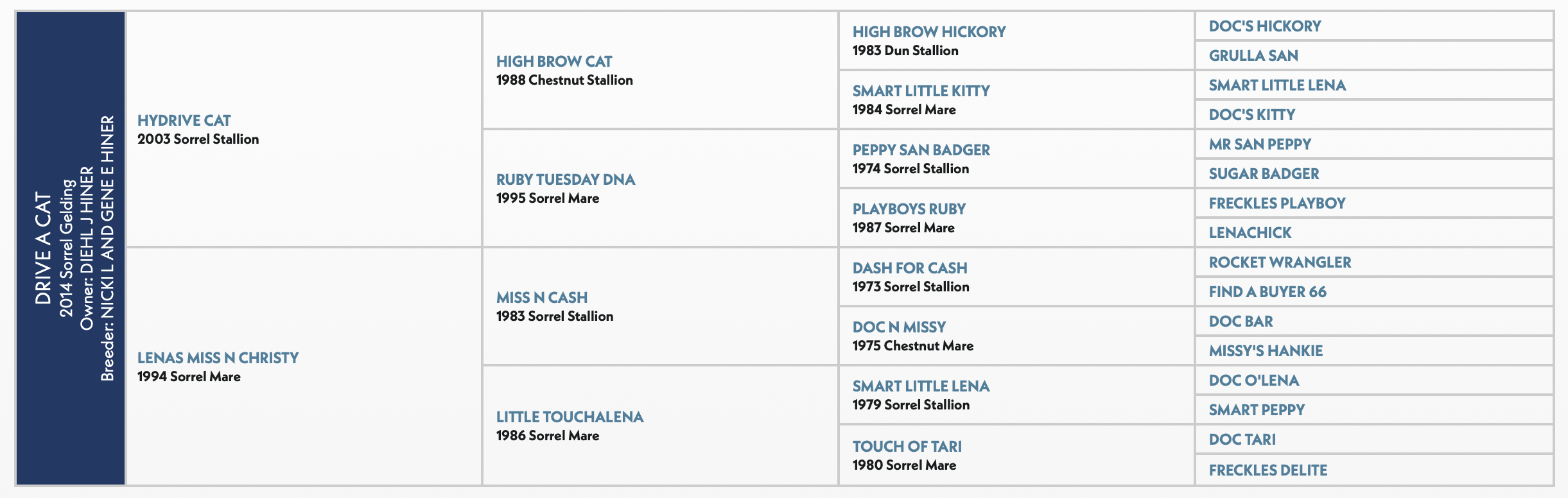 Five-generation pedigree chart for Drive A Cat, a 2014 sorrel gelding by Hydrive Cat out of Lenas Miss N Christy