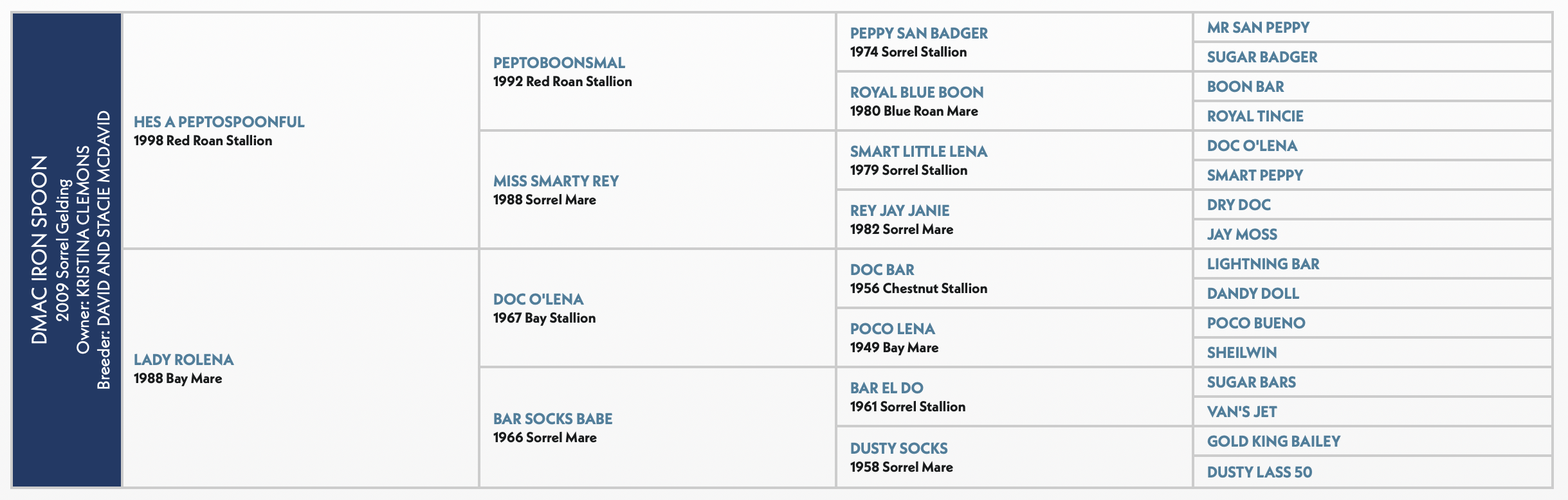 Five-generation pedigree chart for DMAC Iron Spoon, a 2009 sorrel gelding sired by Hes A Peptospoonful out of Lady Rolena