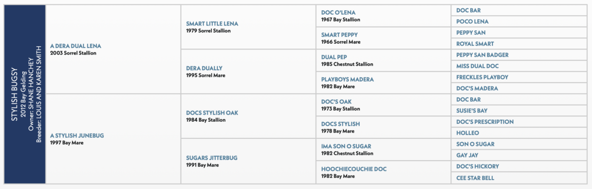 Five-generation pedigree chart for Stylish Bugsy, a 2012 bay gelding, listing sires and dams including Smart Little Lena and Docs Stylish Oak
