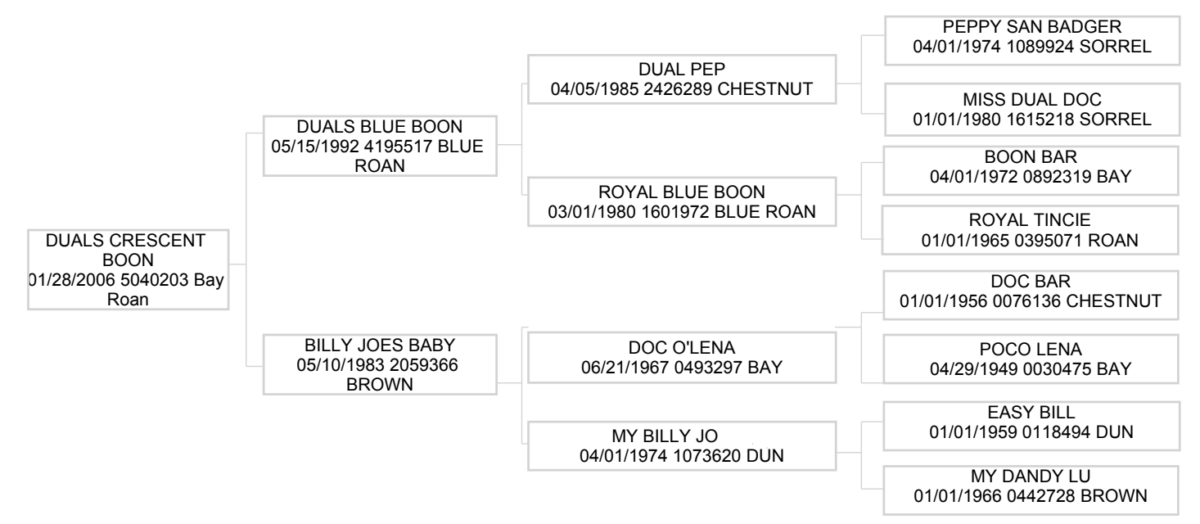 Three-generation pedigree chart for Duals Crescent Boon, a 2006 bay roan, tracing sires and dams back to Doc Bar