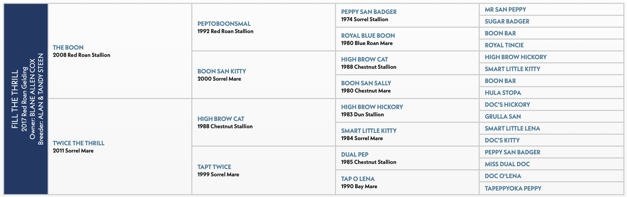 Five-generation pedigree chart for Fill The Thrill, a 2017 red roan gelding by The Boon out of Twice The Thrill