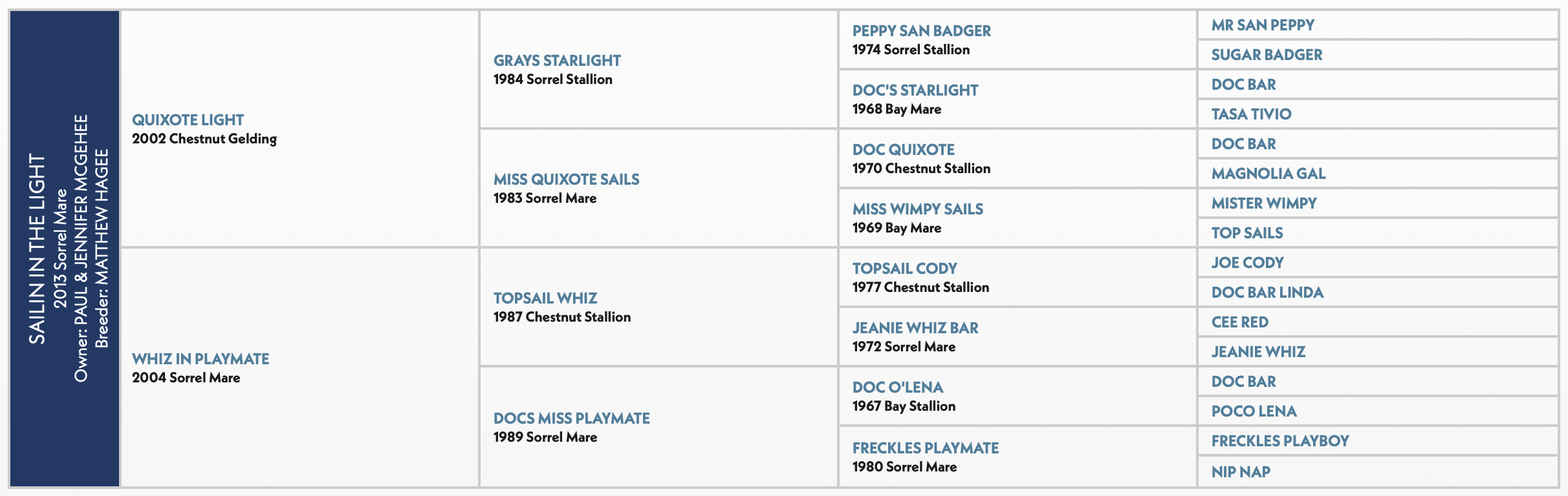 Five-generation pedigree chart for a 2013 sorrel mare, listing sire Quixote Light, dam Whiz In Playmate and their ancestors