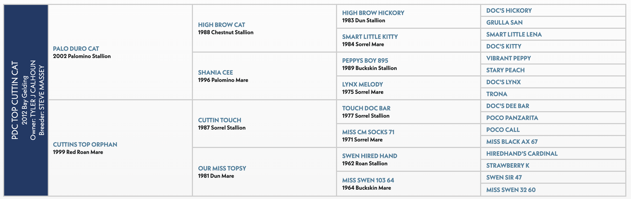 Pedigree chart for Doctor Cuttin Cat, a 2002 Palomino Stallion, showing four generations of ancestry including sires and dams from various breeds and years