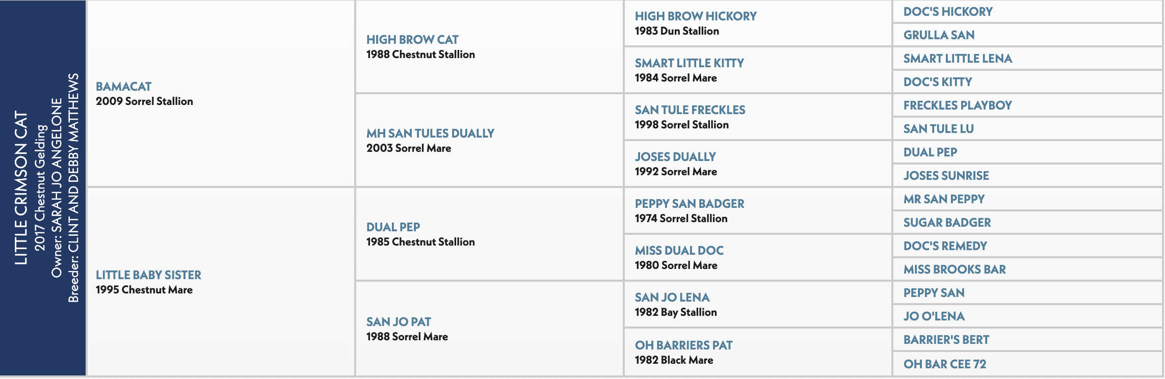 Pedigree chart for Little Crimson Cat, a 2017 Chestnut Siding horse, showing ancestry across multiple generations including sire and dam lineages