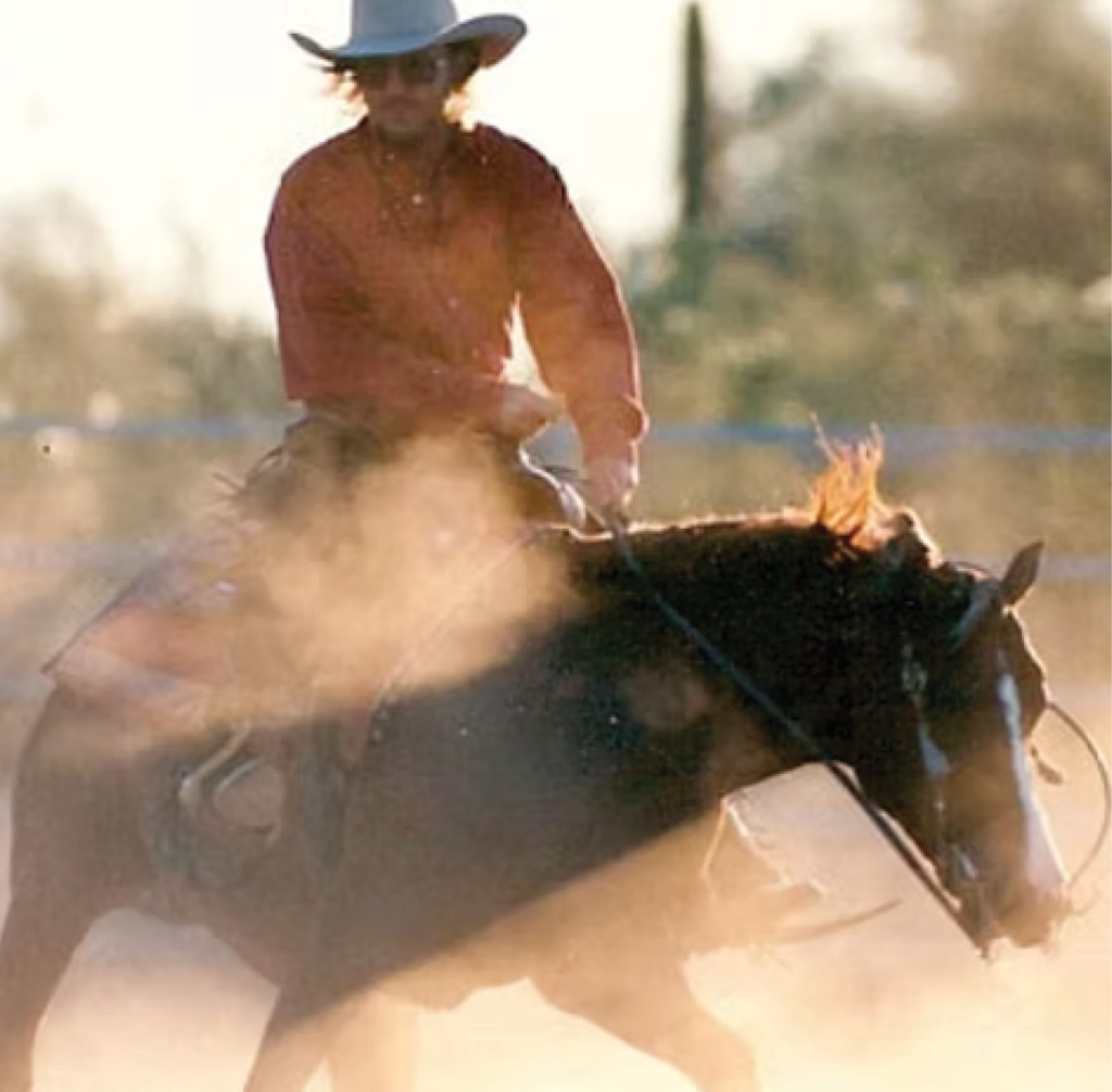Cowboy in a rust shirt and gray hat rides a dark horse in a sliding stop, kicking up backlit dust in the arena